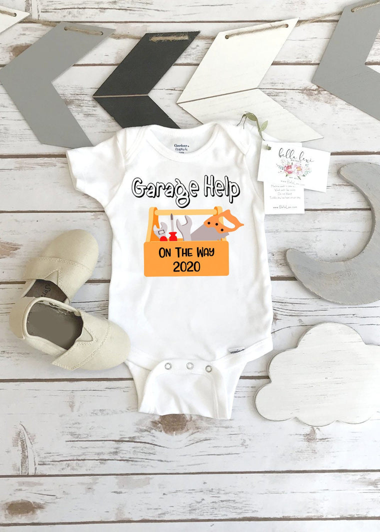 Garage Help on the Way, Pregnancy Announcement, Baby Reveal, Pregnancy Reveal, Tools Onesie®, Construction Theme, Baby Reveal to Dad, Tools