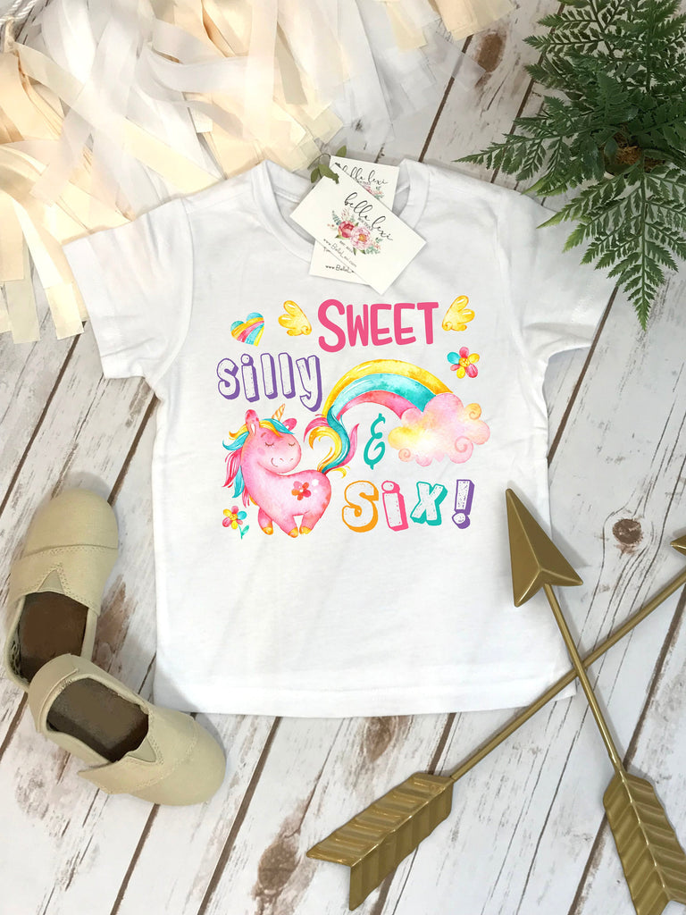 6TH Birthday Shirt, Unicorn Birthday, Rainbow Birthday shirt, Custom Birthday, Sixth Birthday, Sweet Silly Six, 6th Party, Girl Birthday Set