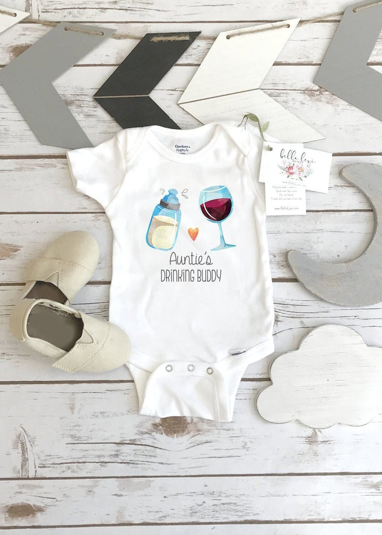 Baby Shower Gift, Auntie Drinking Buddy, Baby Announcement, Funny Baby Gift, Auntie Baby Reveal, Pregnancy Reveal, Drinking Onesie®,Wine Set